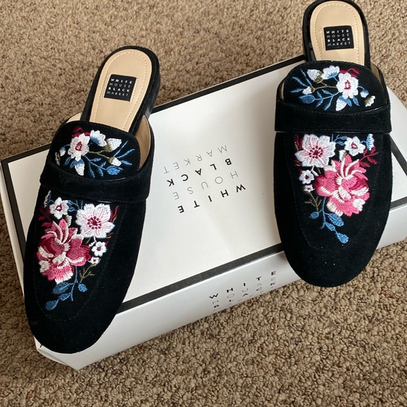 Beautiful Suede Mules with embroidered flowers by White House Black Market - Picture 1 of 5